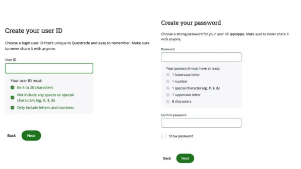 QuestradeID, パスワード作成